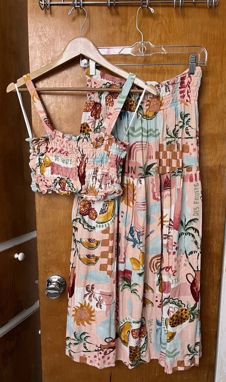 PAPER HEART Tropical Des Fruits 2 Piece Skirt Crop Top Set Sz M Resort Euro